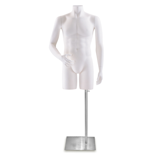 Male Adult 3/4 Fiberglass Glossy White Headless Mannequin Torso with Metal Stand 