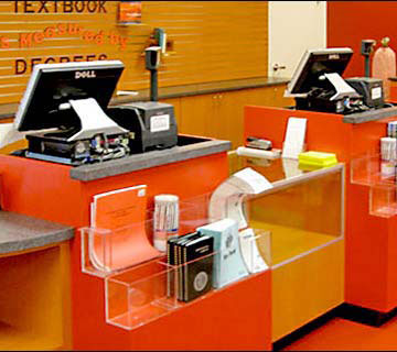 Red & Pear Laminate Multi Station Design with Showcase Side Counter. This counter is ideal for use in colleges and arenas where there is a need for registers in tight spaces.