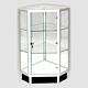 The front opening Extra View corner display case features lockable sliding doors, adjustable height glass shelves. The front opening capability allows the display case to positioned against a wall or another display with no loss of utility.