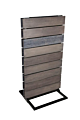 Our two sided solid wood slatwall display features a black metal tube frame and base with levelers. It features textured artisan finish slats.
