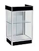 The Extra View Register Stand  is made from a strong and durable aluminum frame with a black laminate ledge top. The 180-degree glass front provides a beautiful way to display your items while locked in the back of the stand.