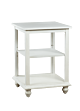 White three-tiered counter stand features three surface levels and an adjustable shelf, and made with sturdy composite wood.  Size: 24