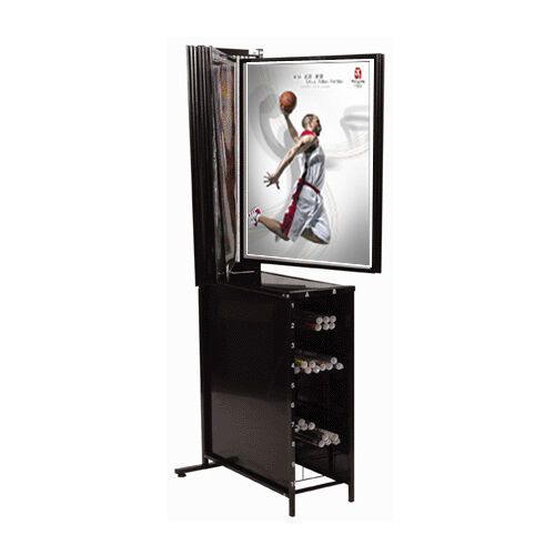 poster display, flip style poster display, poster display with rolled poster storage