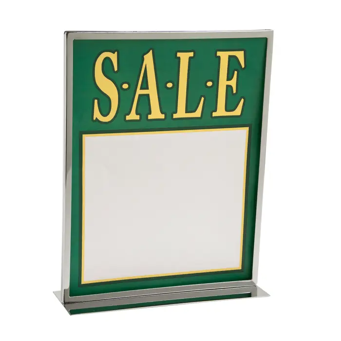 11"W x 14"H Vertical Sign Holder w/ Flat Base  comes in chrome and is great for use as a countertop sign display.   