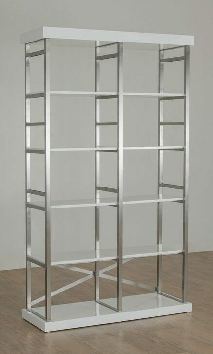The Moderne Modular Double Etagere: 49" L x 18" D x 84.5" H in stainless steel.  
