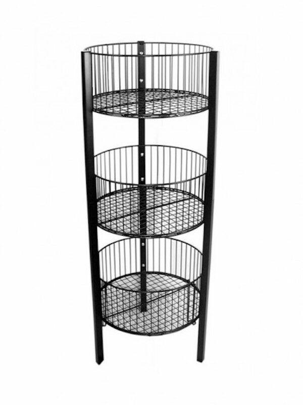 3-Tier Round Wire Bin Display comes in a black finish and  is 45"H x 18"D with a 9"H basket.  Great for your bulk display items.   