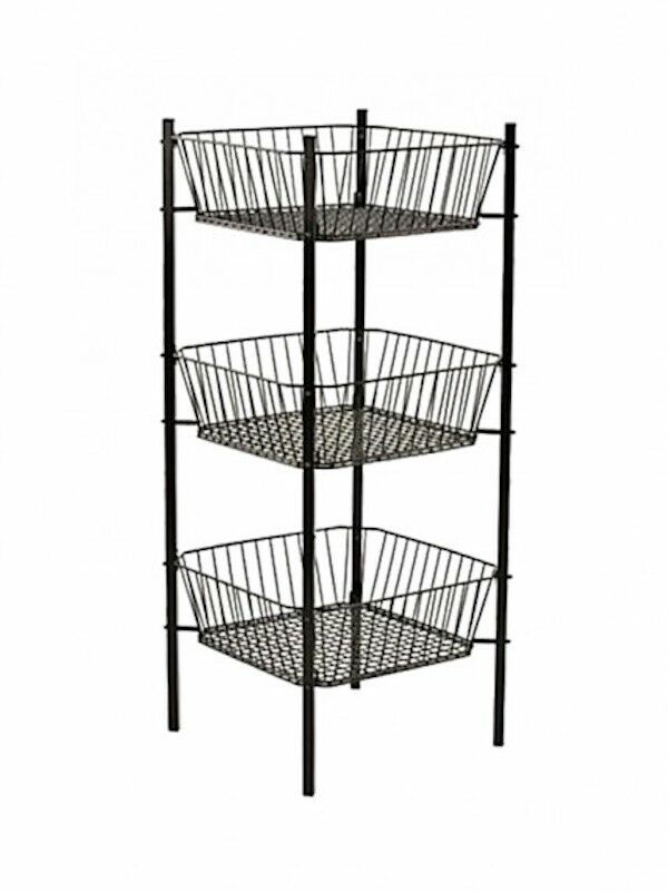 Metal 3-Tier Wire Square Bin Display in black finish.  19"D X 47"H, Basket Height: 61/2", Basket Diameter: 16".  Great for bulk retail items.  