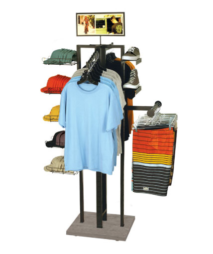 4-sided store fixture with metal tube structure, slotted uprights, and MDF base with Rustic Barn finish. Accommodates a variety of accessories, including jet rails, straightouts, shoe shelves, and sign headers.