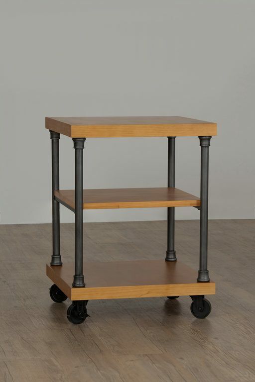The Soho 3-Tier Stand features rolling casters for convenient mobility, and has a distressed pine or white finish.  Dimensions : 28 L x 28" D x 38" H. 