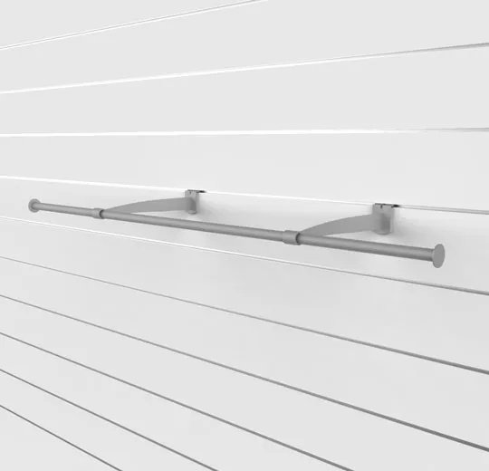 48″ Slatwall Hanging Rail Tube with Stoppers and Brackets, Silver Frost Finish. Fit all standard slatwall panels.  