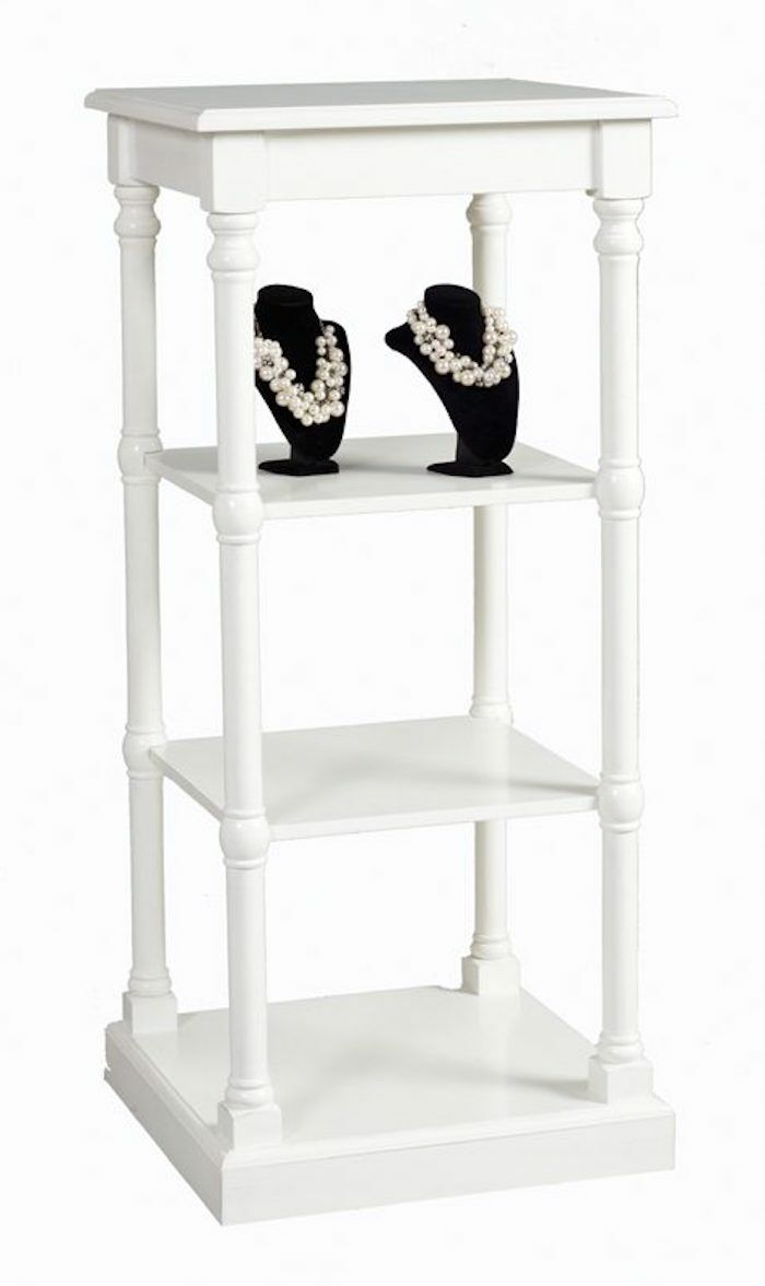 The four-tiered  Draper’s stand is constructed with strong wood and has a 3 tiered structure provides an excellent storage area for all kinds of materials such as linens or office supplies without taking up too much space.  Size: 24" L x 24" D x 54" H. 