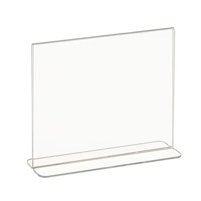 Acrylic Bottom Load Sign Holders for Countertops are Impact-resistant and Primarily used on countertops, shelves or tables. Dimensions: 7" W x 5.5" H, 5.5" W x 7" H, 11" W x 7" H, 11" W x 8.5" H , or 8 1/2" W x 11" H.   