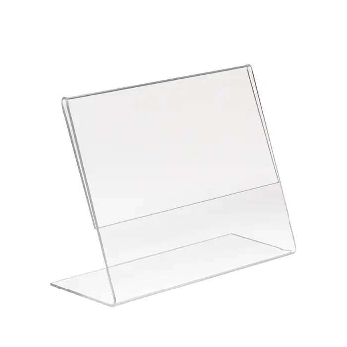 Acrylic Slant Back Sign Holders for Counter Tops is Impact-resistant and Primarily used on countertops, shelves or tables. Dimensions: 5.5" W x 7" H or 8 1/2" W x 11" H.  