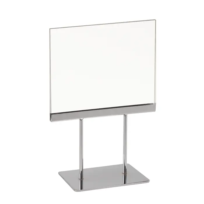 Countertop Acrylic Sign Holder with Chrome Base features Two (2) 4" stems with base that is primarily used on countertops, shelves or tables. Dimensions: 7" W x 5.5" H or 11" W x 7" H.  
