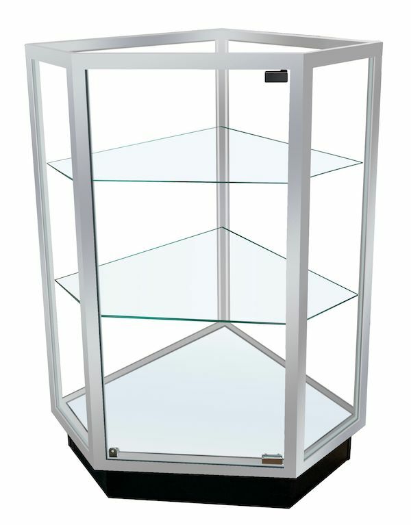 Assembled Extra Vision Corner Fill measures Base Dimensions: 20”L x 20”D x 38”H and features Lock and Keys, Aluminum Extrusion Frame, 2 -  Shelves,White Base Deck, 4" Black Toe Kick. 
