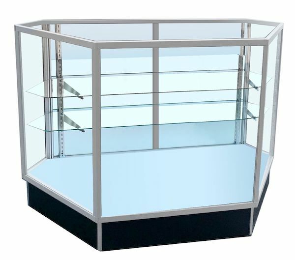 Assembled Extra Vision Inside Corner Showcase measures 34”L x 20”D x 38”H. Features a Lock and Keys, Aluminum Extrusion Frame, 34" H Glass Display Area, 1/4" T White Sliding Rear Access Doors, 2 - 10" D Adjustable Shelf, White Base Deck, 4" Black Toe Kick