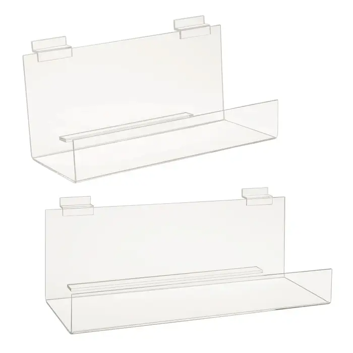 Acrylic Book Shelf with 2" Lip for Slatwall are great for showcasing books, catalogs, magazines, CDs, DVDs, games and more.  These are Impact Resistant. Dimensions: 12"L x 4"D with 2" Lip or 16"L x 4"D with 2" Lip 