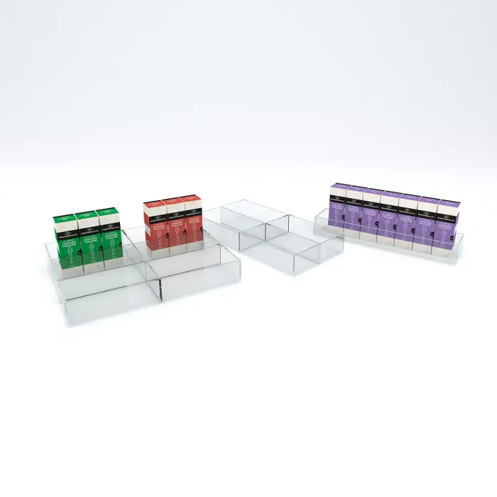 Acrylic display trays are used to organize and display small merchandise. These trays work great as a shelf organizer or as a counter top display. Available in single packs and multi-packs. The tray is made from 3/16” thick acrylic. and comes in three dif