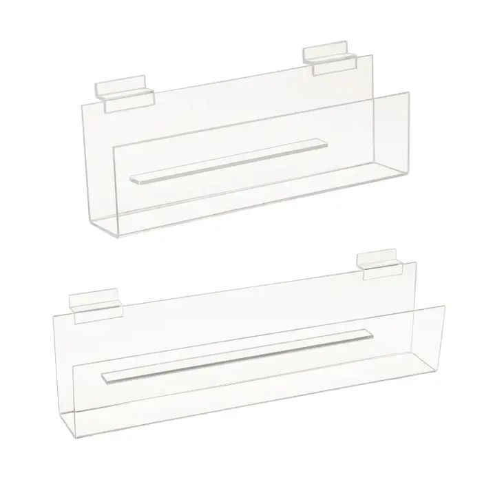 Acrylic Greeting Card Shelf with 3" Lip for Slatwall is Impact Resistant.  Dimensions: 12"L x 2"D with 3"Lip or 16"L x 2"D with 3"Lip.  