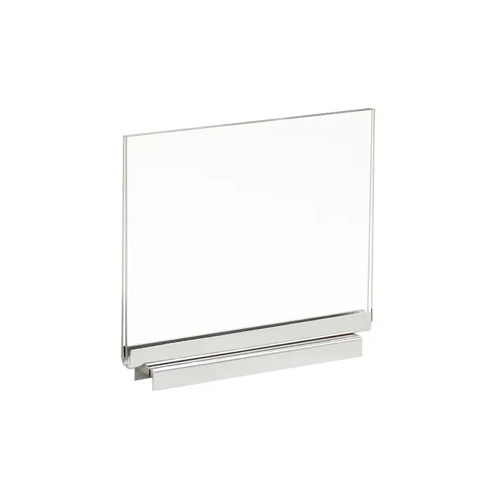 Acrylic Sign Holder with Magnetic Chrome Base.  The flat magnetic base allows sign holder to be mounted on most racks and merchandisers as well as horizontal or vertical tubing. Dimensions: 7" W x 5.5" H or 11" W x 7" H.  