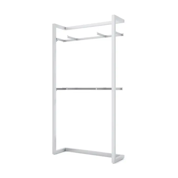 Alta Wall Unit with Four Faceouts Retail Display Kit. Includes 2- 48" long rectangular tubing hangrails, 4- 12" long saddle-mount faceouts, 2- 1" hangrail tubing brackets and 4-Extended end caps.  