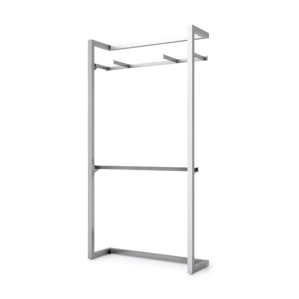 Alta Wall Unit with Two Faceouts & Hangrail Retail Display Kit.  Includes 2- 48" long rectangular tubing hangrails, 2- 12" long saddle-mount faceouts, 2- 1" hangrail tubing brackets, 2- 12" long hangrail tubing brackets and 4- Extended end caps. 
