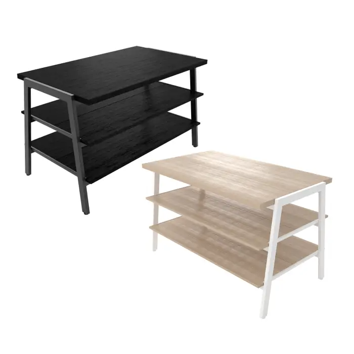 Aspect 3-Tier Retail Display Tables. The middle shelves expand outwards to a total width of 35". The bottom shelves expand outwards to a total width of 40". Dimensions are 54" Wide x 30" Long x 32-3/8"H and includes 1" levelers. 