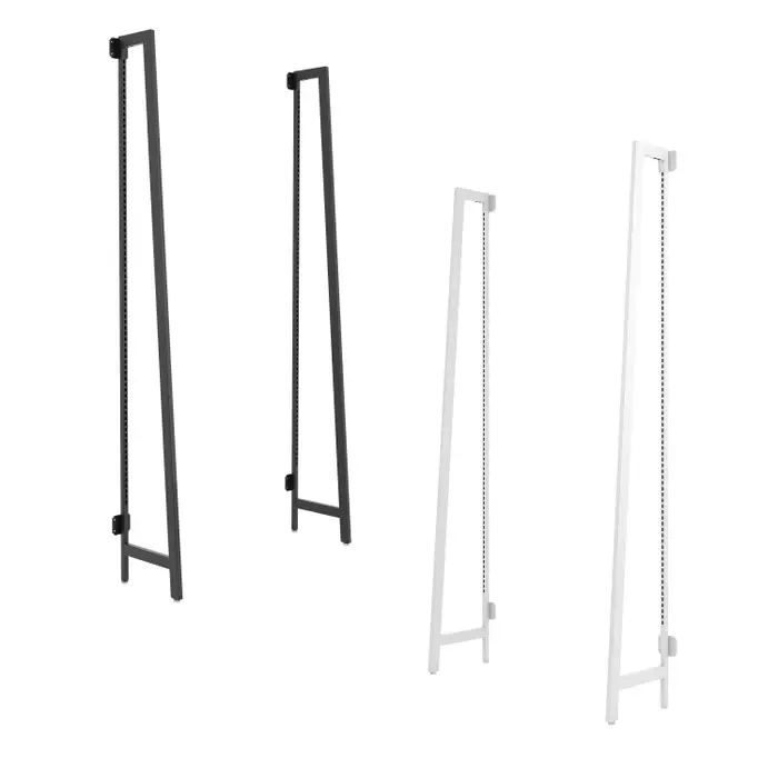 Aspect Outrigger Uprights are designed with slotted uprights and cab be set as 24” or 48" wide and the angled front tube is 15" from the wall.  Height: 96" H with 1" adjustable levelers and a bottom wall mount that adjusts 12" from the floor. 