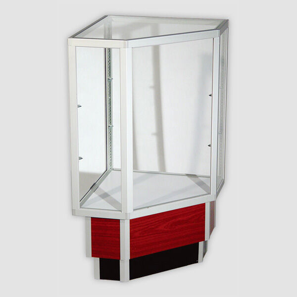 Assembled Corner Full Vision Showcase with a 26" high viewing area. Features front, top and side tempered glass panels, durable laminate finish to protect the outer structure of the case, a 4" kick toe and is trimmed with aluminum extrusions for a modern,