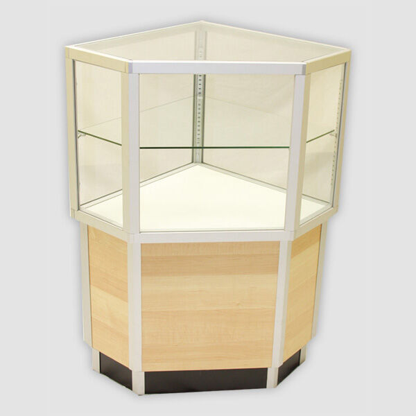 Small Corner Half Vision Showcase with a 18" high viewing area. Features front, top and side tempered glass panels, durable laminate finish to protect the outer structure of the case, a 4" kick toe and is trimmed with aluminum extrusions for a modern, cle