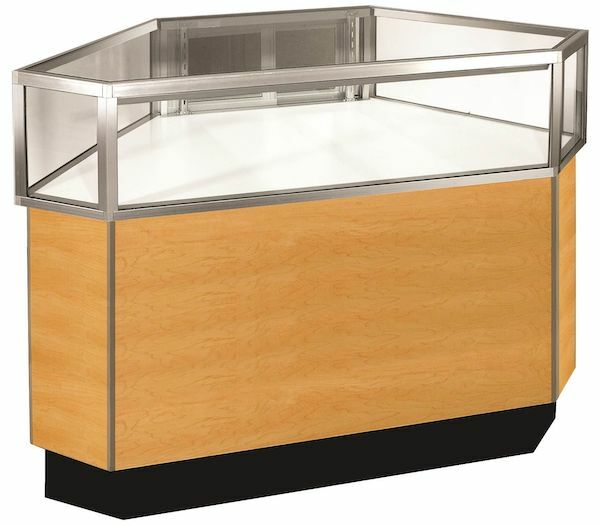 Outside Corner Jewelry Showcase with a 12" high viewing area. Features front, top and side tempered glass panels, durable laminate finish to protect the outer structure of the case, a 4" kick toe and is trimmed with aluminum extrusions for a modern, clean