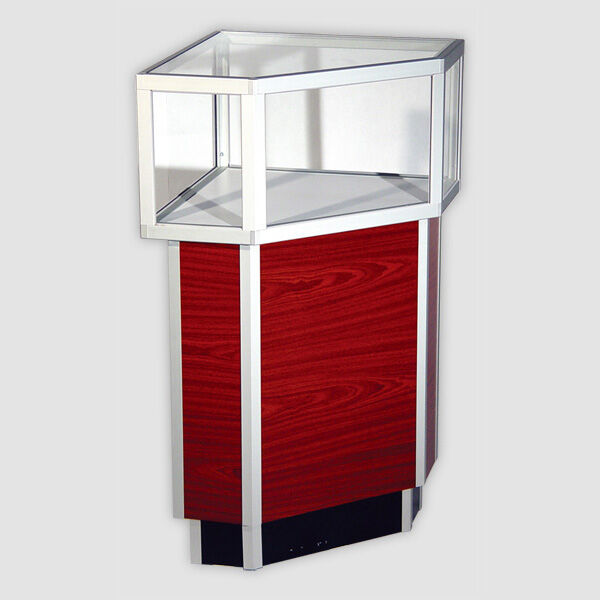 Small Corner Jewelry Showcase with a 12" high viewing area. Features front, top and side tempered glass panels, durable laminate finish to protect the outer structure of the case, a 4" kick toe and is trimmed with aluminum extrusions for a modern, clean a