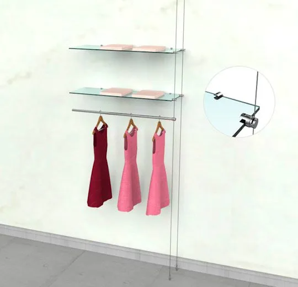Extension Kit for Cable Clothing Unit for 2 Glass Shelves and 1 Hanging Rail.  Setting Dimensions:Height: up to 19'and Width: 24".  For glass shelves: 24" L and Depth  of 12" - 16". Hangrail Bar: 24" L and a Diameter 3/4".  