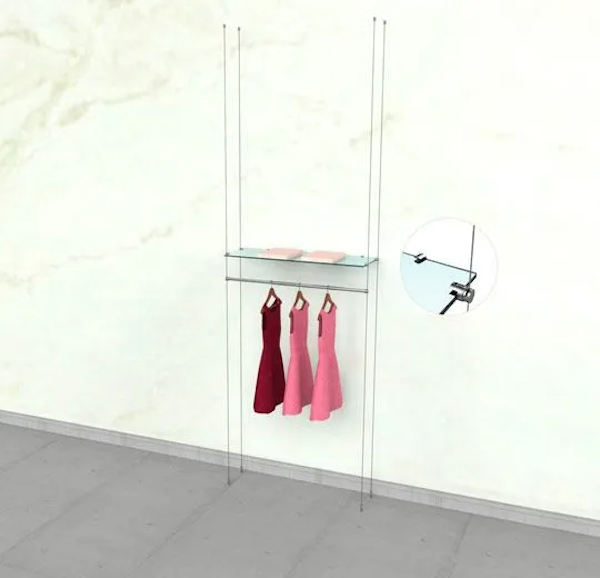 Cable Clothing Unit for 1 Glass Shelf and 1 Hanging Rail – 36″.  Adjustable Height: up to 19' and Width of 36". The Hangrail Bar is 36"L and has a diameter of 3/4".  