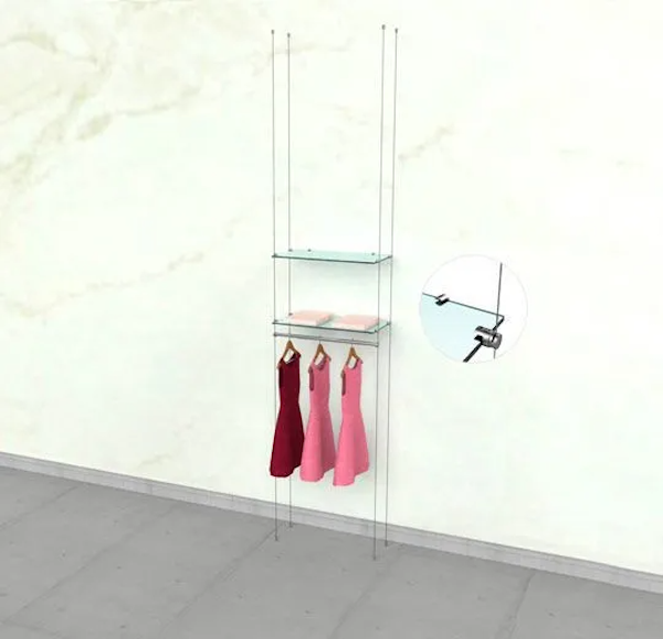 Cable Clothing Unit for 2 Glass Shelves and 1 Hanging Rail.  Setting Dimensions: Height: up to 19', Width: 24" L. For glass shelves: 24" L and Depth of 12" - 16". Hangrail Bar: 24" L and a Diameter 3/4".  