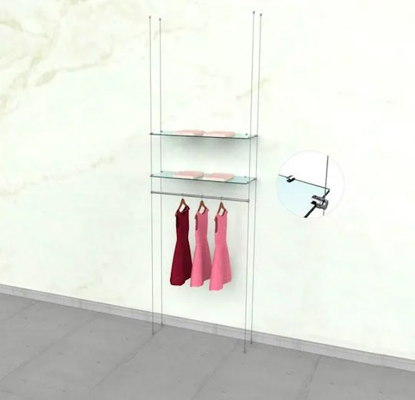 Cable Clothing Unit for 2 Glass Shelves and 1 Hanging Rail – 36″.   Adjustable Height: up to 19' and Width of 36". The Hangrail Bar is 36"L and has a diameter of 3/4".  