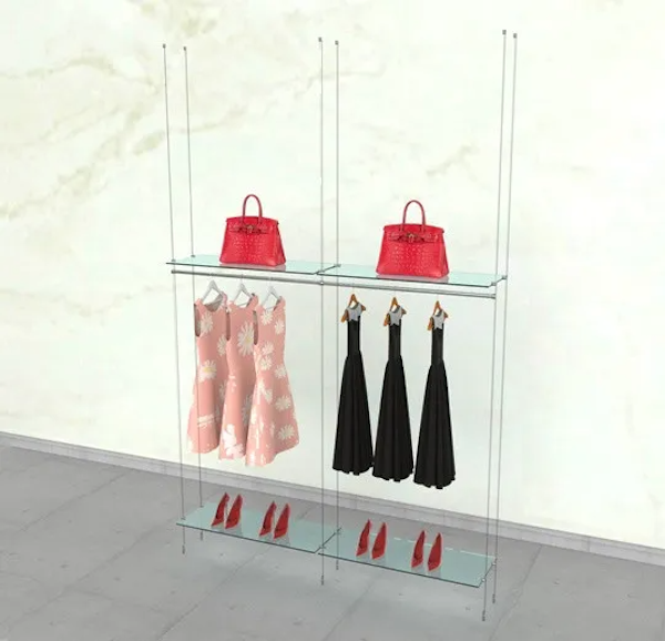 Cable Clothing Unit for 4 Glass Shelves with 2 Hanging Rails – 36″.  2 Sections.  Adjustable Height: up to 19' and Width of 36". The Hangrail Bar is 36"L and has a diameter of 3/4".  