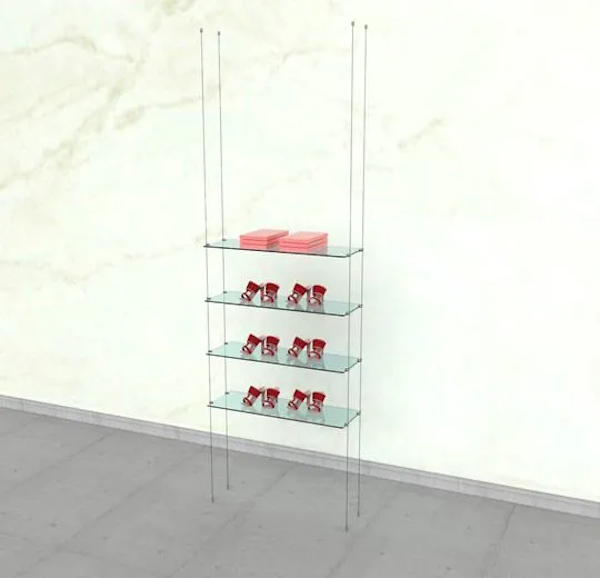 Kit includes Ceiling to Floor cable kit, and connectors for shelves and the shelves can be set to different heights by adjusting connectors. Suitable for shelves 8" - 16" deep and max. 36" long, up to 3/8" thick.