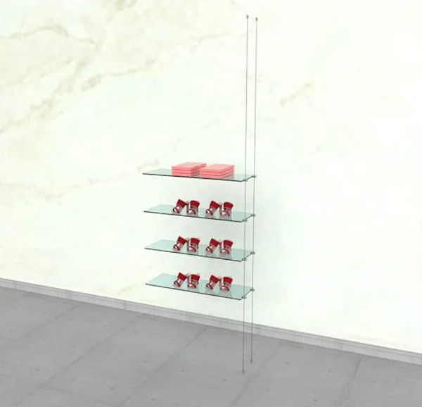 Extension Kit for Cable ceiling-to-floor kit for shelving.  Adjustable from 36” to 19’ and can accommodate glass shelves up to 36” L and 8” to 16” D.  