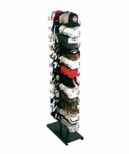 2-sided 24-pocket metal cap floor display. Each pocket holds 8-10 caps for a total capacity of up to 240 caps.  Comes in a black powder coated finish. Dimensions: 12"W x 24"D x 74"H.