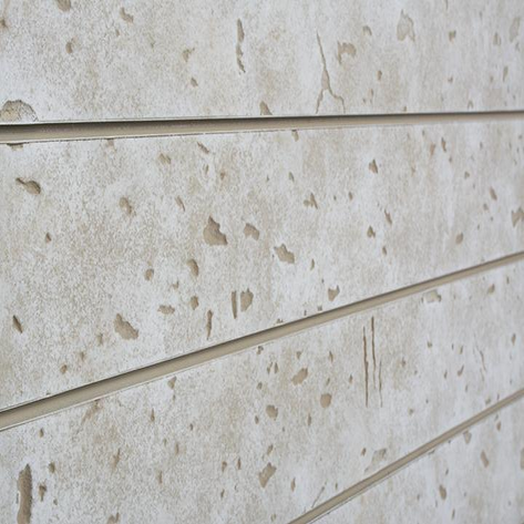 Bleached Cement Textured Slatwall Panels measure 3/4''D x 2' Hx 8'L' with grooves spaced 6'' apart.  Textured slatwall panels come complete with paint matched aluminum groove inserts for added strength.  