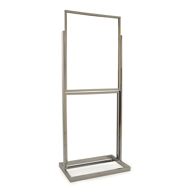 22" x 28" Double Bulletin Sign Holder with Rectangular Tubing Base is available in Black or Chrome.  Perfect for any retail setting, including department stores, specialty stores, discounters, banks, hotels or hospitals