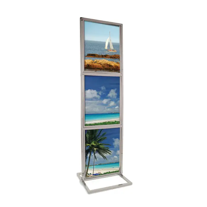 22" x 28" Triple Bulletin Sign Holder with Rectangular Tubing Base is available in Black or Chrome.  Perfect for any retail setting, including department stores, specialty stores, discounters, banks, hotels or hospitals.