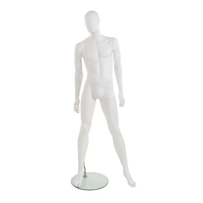 Pose 2 of our City Male Mannequin with Oval Head shows this masculine male form with his left leg straight and out to the side, both hands down along the sides with the head facing slightly angled to the right.