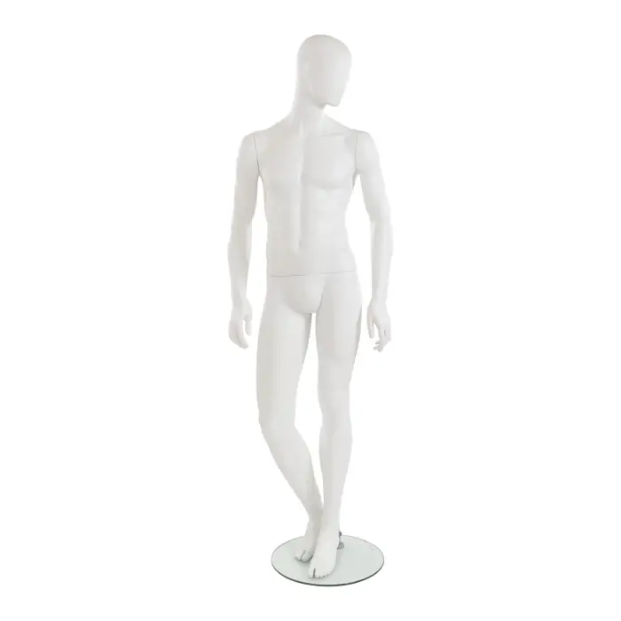 City Male Mannequin Pose 3 with Oval head shows the male form with his right leg bent slightly at the knee, both hands down along the sides with the head facing to the left. 