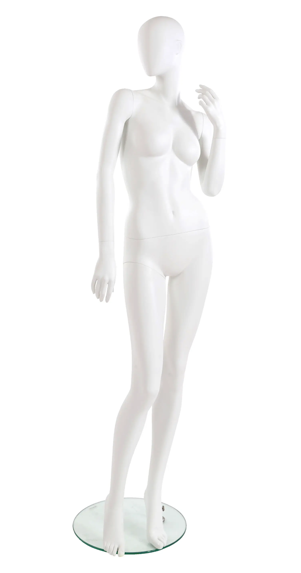 Pose 2 of our City female mannequin collection shows the female form with the right leg bent at the knee and the left hand up towards the face with the head turned to the right. The mannequin feet are in such a position to allow for a shoe with a heel.
