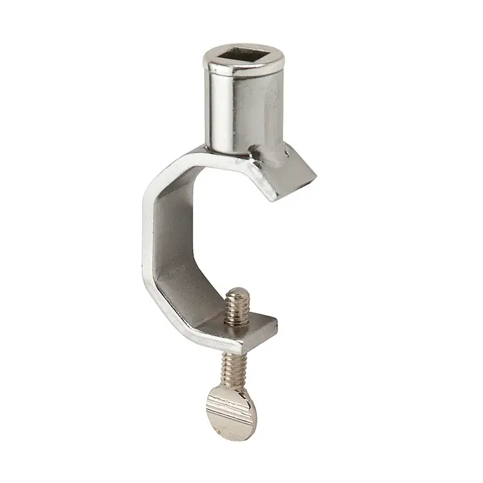 Sign Holder Clamp w/ 3/8" Swedge Fitting is for use with round, square and rectangular tubing and has swedged fitting. The round stems taper at the end to form a square. The square end will give a secure fit on hangrails or racks. Chrome finish and is 2" 