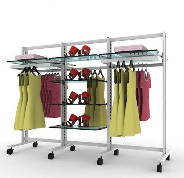 Vertik Retail Clothing and Shelving Stand for 8 Shelves and 5 Hangrails | 3-Sections|Pure White.  Setting Dimensions: 78" W x 56" H.  