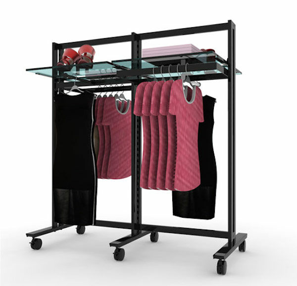 Vertik Retail Clothing and Shelving Stand for 4 Shelves, 2 Faceouts and 2 Hanging Rails | 2-Sections|Chic Black.  Setting Dimensions: 52" W x 56" H.  
