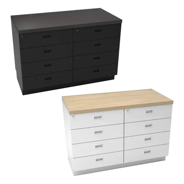 Contemporary 48" Cash Wrap Counter features: Eight lockable drawers with keyed alike keys. The countertop is a full 1-1/2 inches thick.  Dimensions: 48" L x 24-7/8" W x 38" H.  